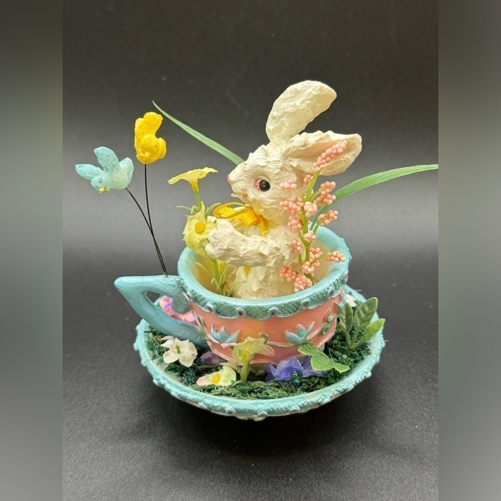 Spring Blue Easter Bunny Tea Cup Rabbit Hare Decor Country Floral Figurine